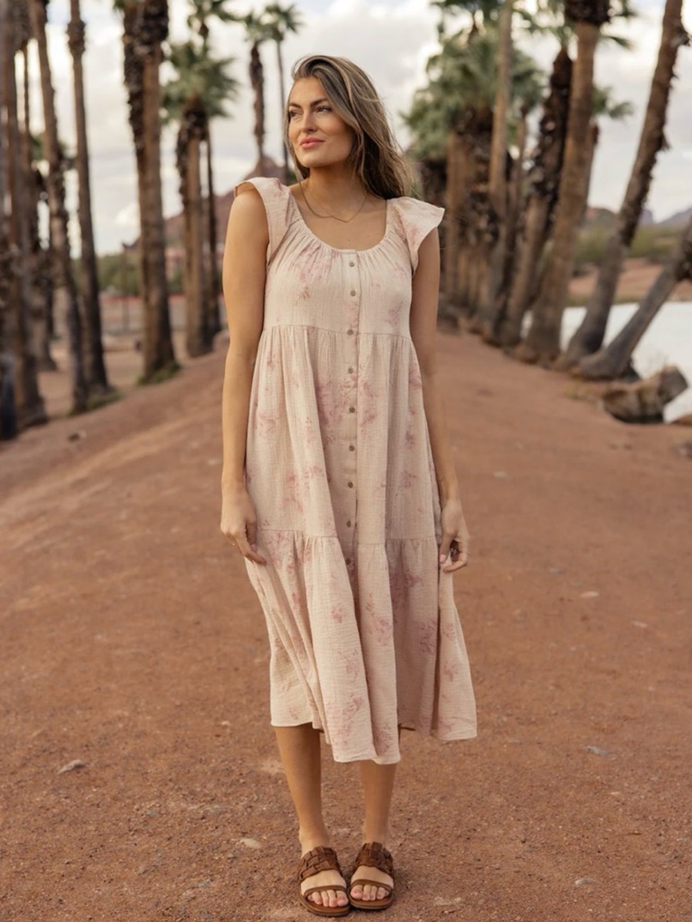 Roolee Blush Floral Button-Front Ruffle-Sleeve Midi Dress